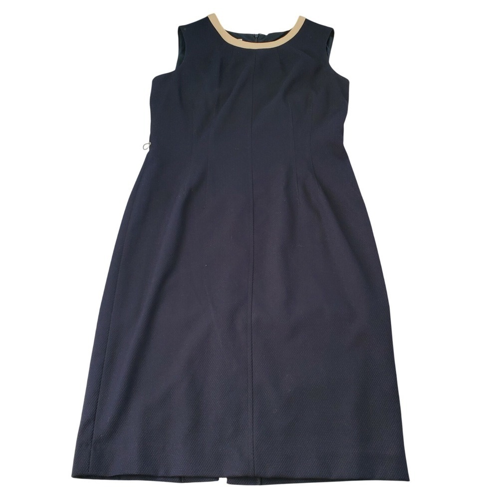 Anne Klein Navy Blue Sleeveless Sheath Dress Tan Trim Office Career Size 8